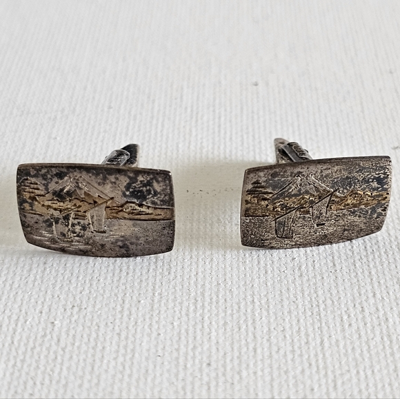 Vintage Sterling 950 Cuff Links Boats And Mountain - Picture 1 of 2